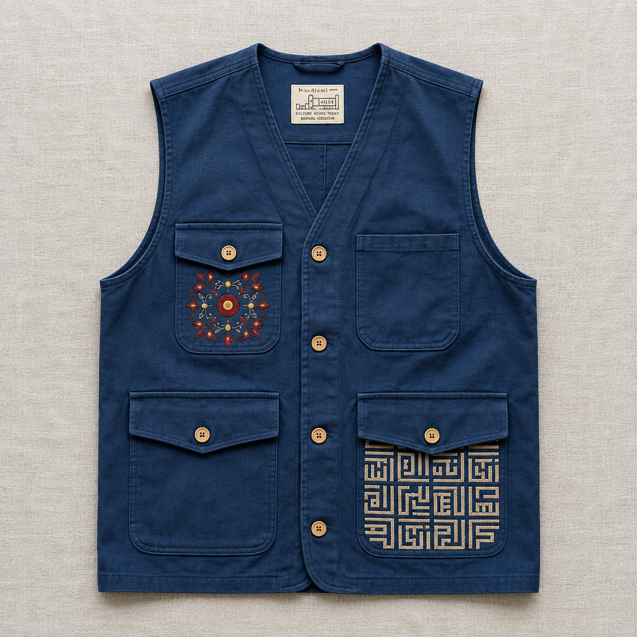 Deep indigo utility vest with four pockets, floral embroidery and a cream geometric pocket motif